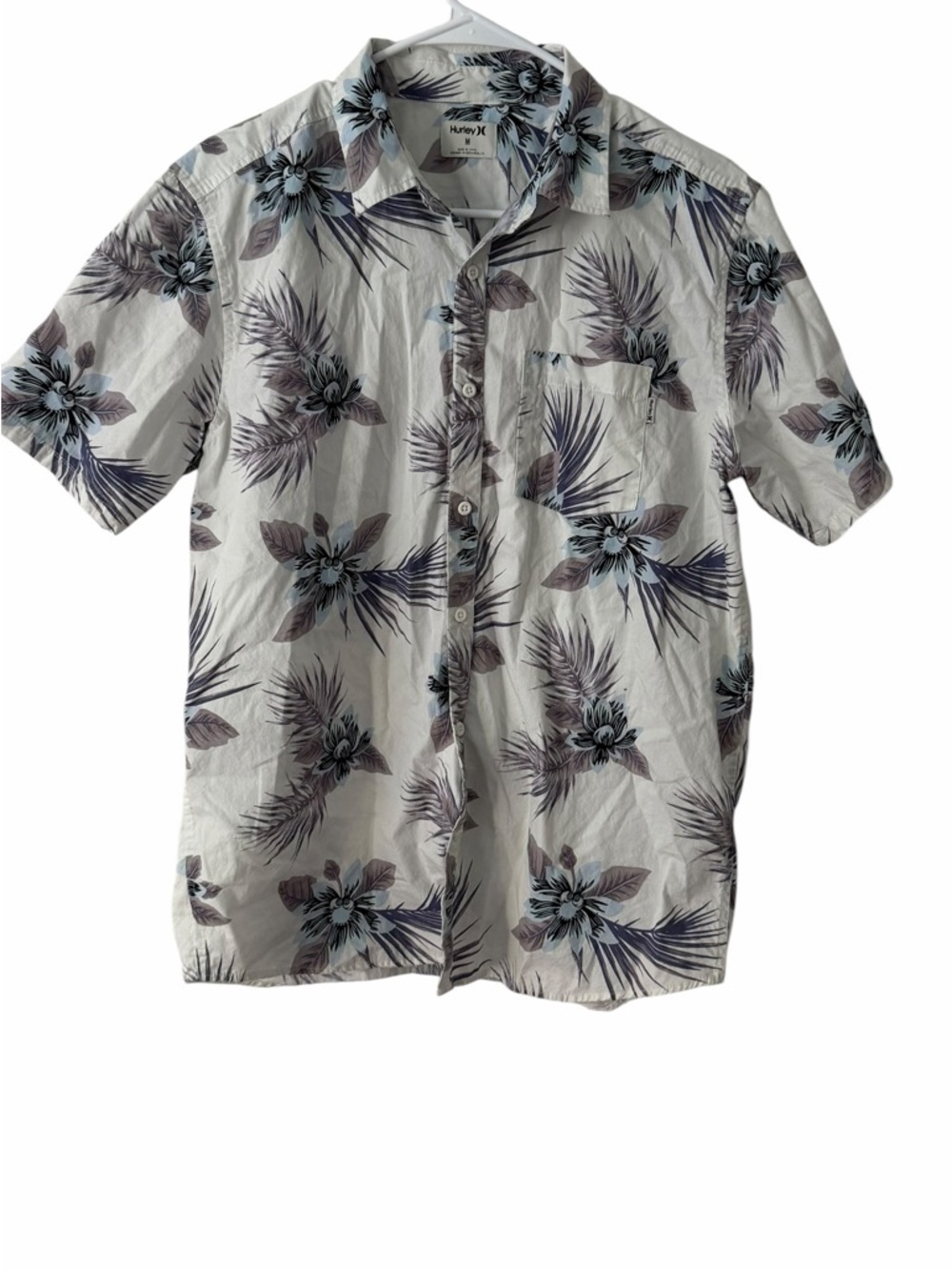 Hurley White Short-Sleeve Floral Button-Up Shirt with Blue and Gray Print (007)